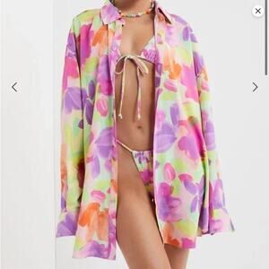 For Love & Lemons Cydney floral watercolor oversized button up shirt XXS